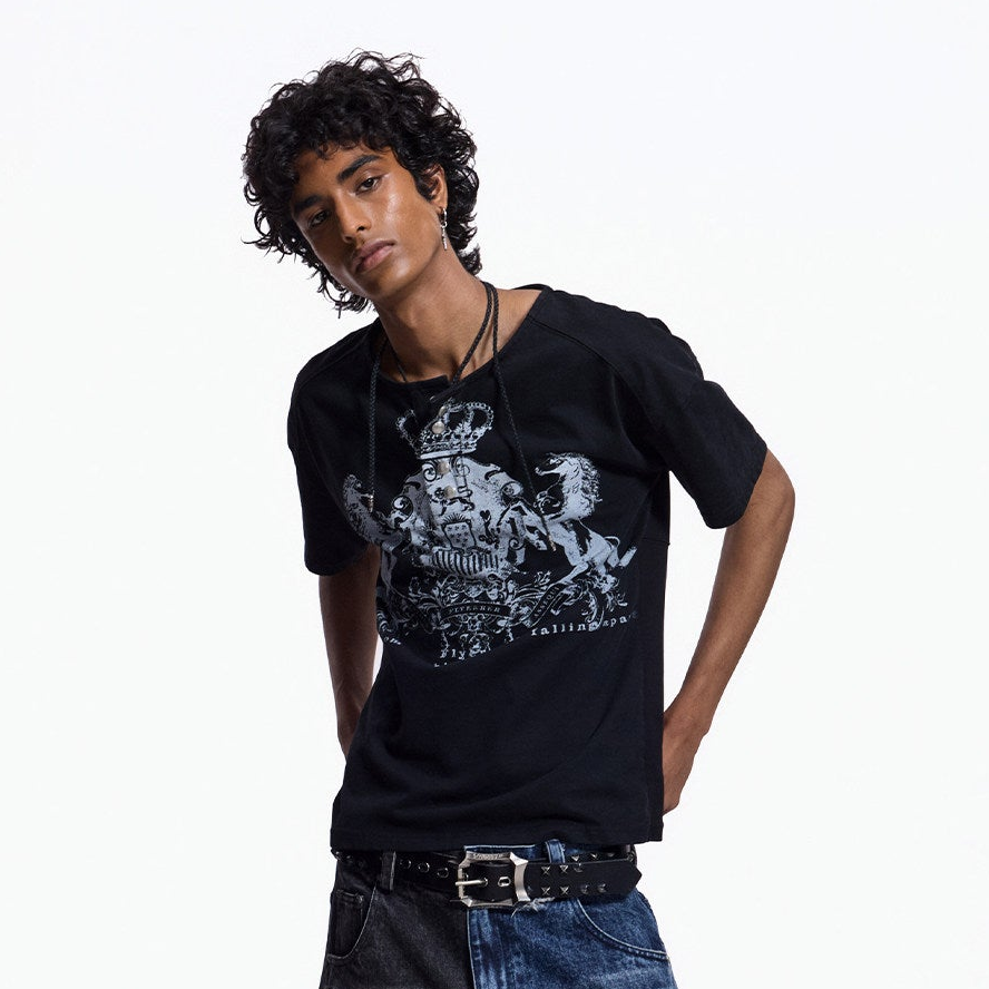 Crest Print Washed Cropped Short Sleeve T-Shirt WN27444