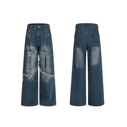 Deconstruction Rivet Design Washed Damege Denim Jacket & Denim Jeans Setup WN21969