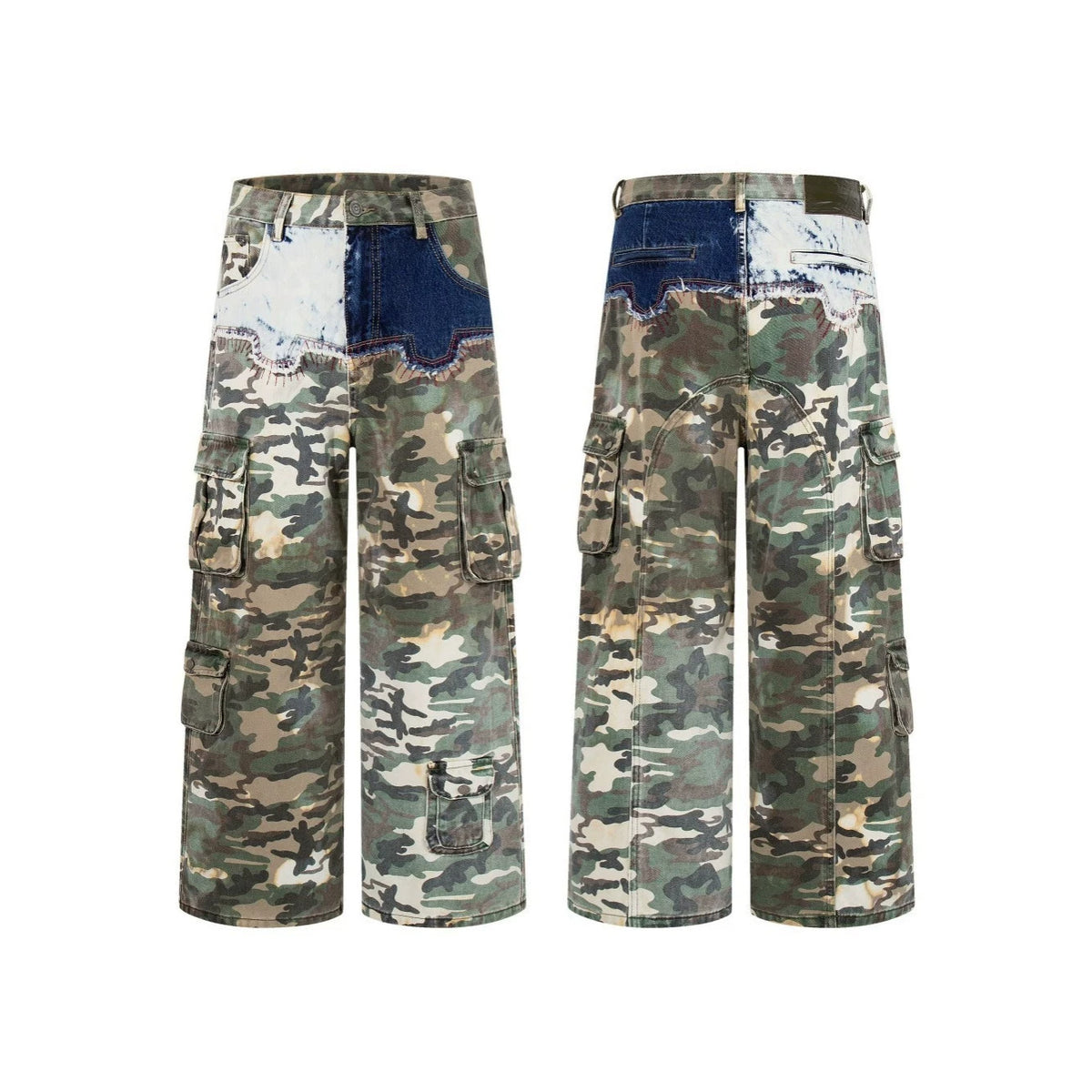 Denim Camouflage Patchwork Multi-Pocket Wide Leg Cargo Pants WN27858