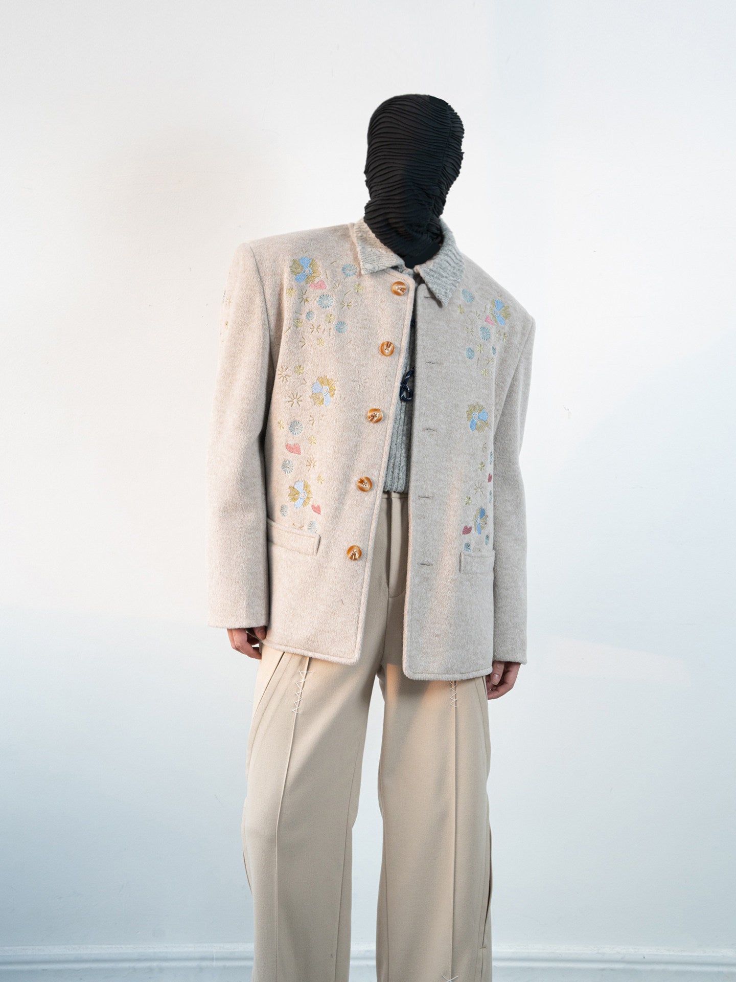 Floral Embroidery Collarless Jacket WN23633