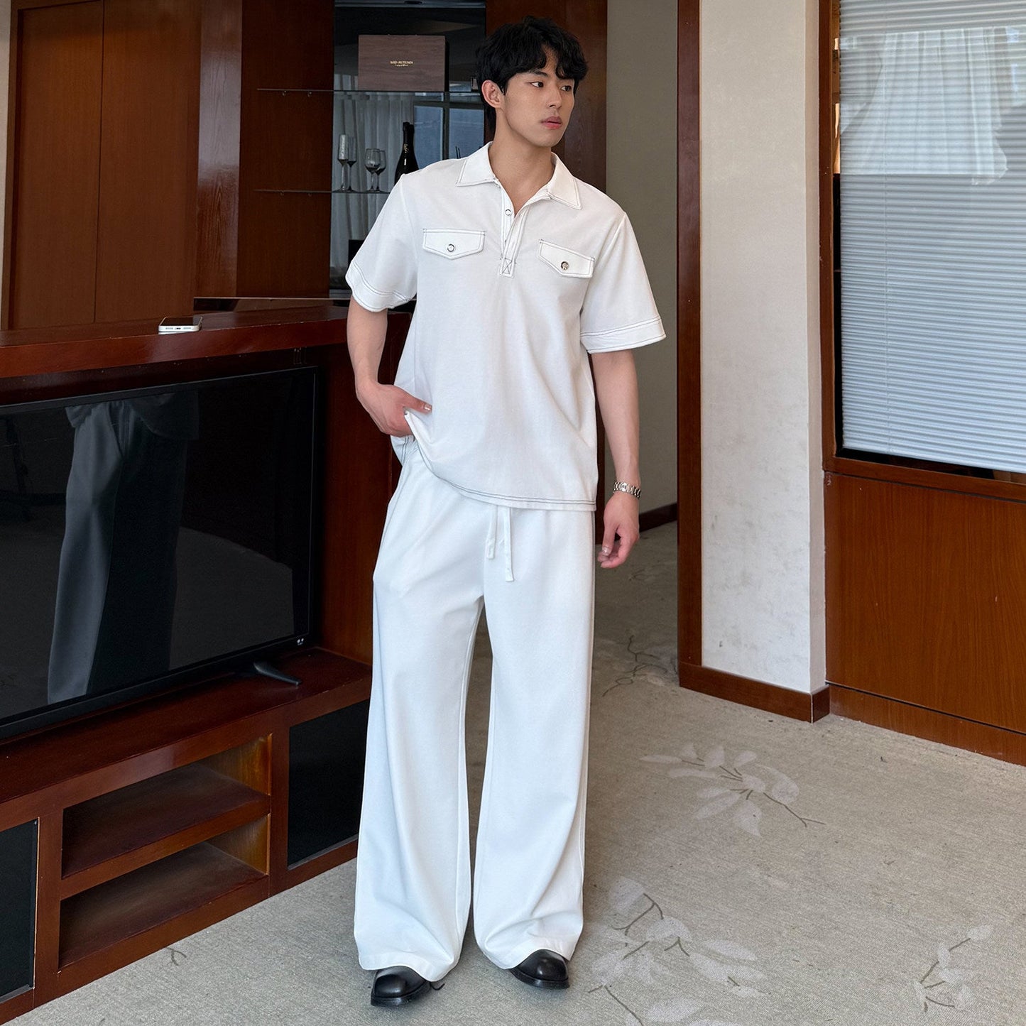 Contrast Stitch Short Sleeve Shirt & Wide Leg Trousers Setup WN24871