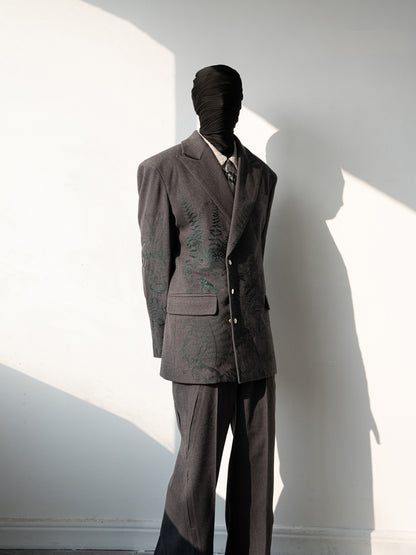 Heavy Embroidery Shoulder-Pad Oversize Tailored Jacket & Wide Leg Trousers Setup WN23648
