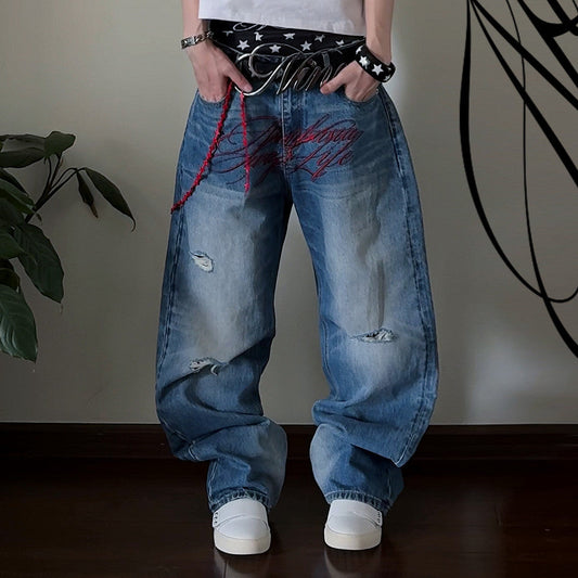 Damage Washed Letter Print Wide Leg Denim Jeans WN27222