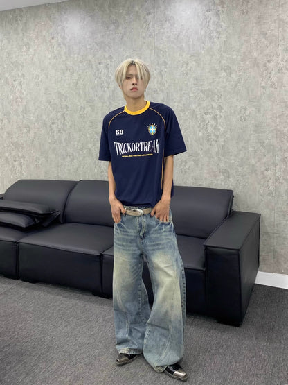 Curved Line Washed Wide Leg Denim Jeans WN22192