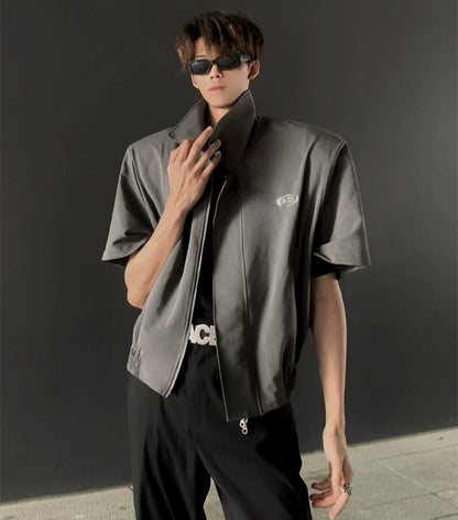Deconstructed Oversized Lapel Shoulder-Pad Zipper Jacket WN20041