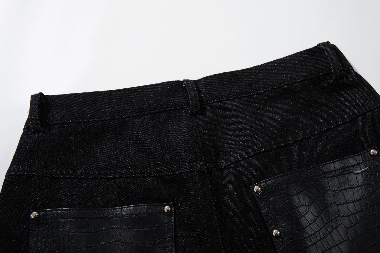 Studs PU Leather Panel Wide Leg Denim Jeans WN25799