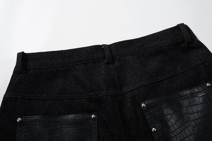 Studs PU Leather Panel Wide Leg Denim Jeans WN25799