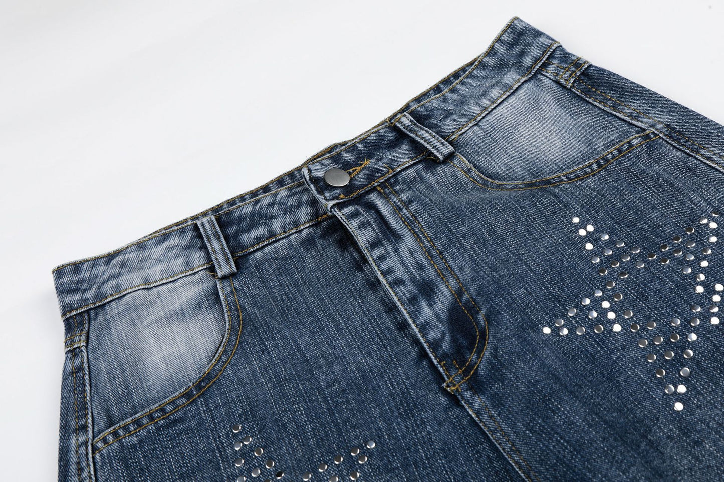 Washed Star Rhinestone Wide Leg Denim Jeans WN25458