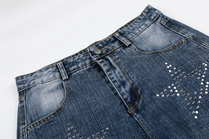Washed Star Rhinestone Wide Leg Denim Jeans WN25458