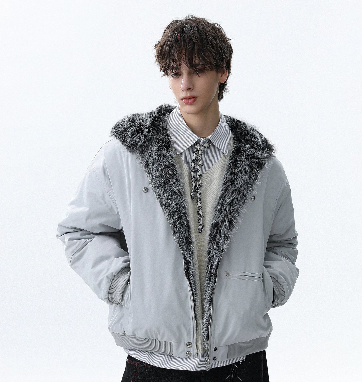 Fake Fur-Collar Hooded Zipper Jacket WN22089