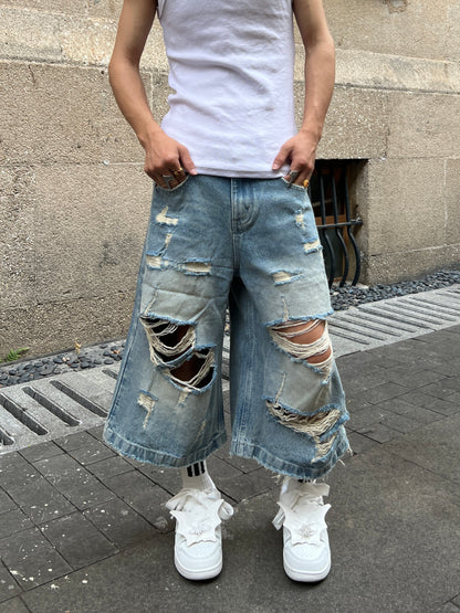 Damage Washed Wide Leg Denim Half Jeans WN24113