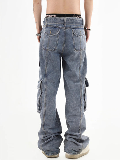 3D Multi Pocket Washed Wide-Leg Straight Cargo Denim Jeans WN7234