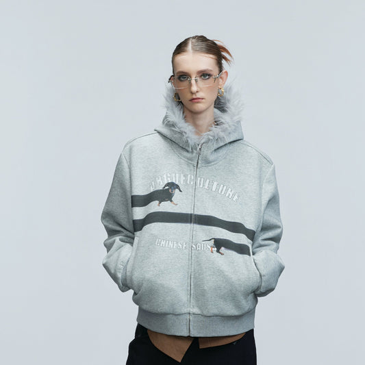 Fake Fur Collar Letter Print Zipper Hoodie WN21749