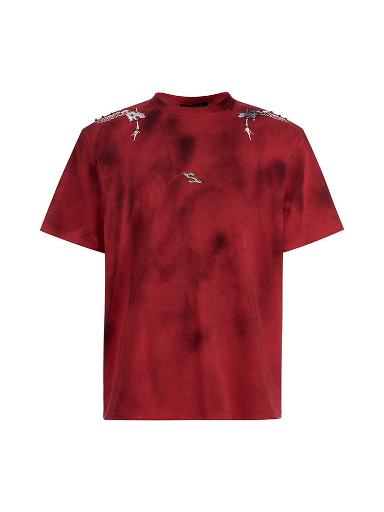 Studs Spine Snake Tie-Dye Shoulder-pad Short Sleeve T-Shirt WN16589