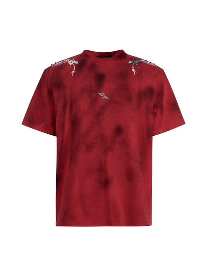 Studs Spine Snake Tie-Dye Shoulder-pad Short Sleeve T-Shirt WN16589