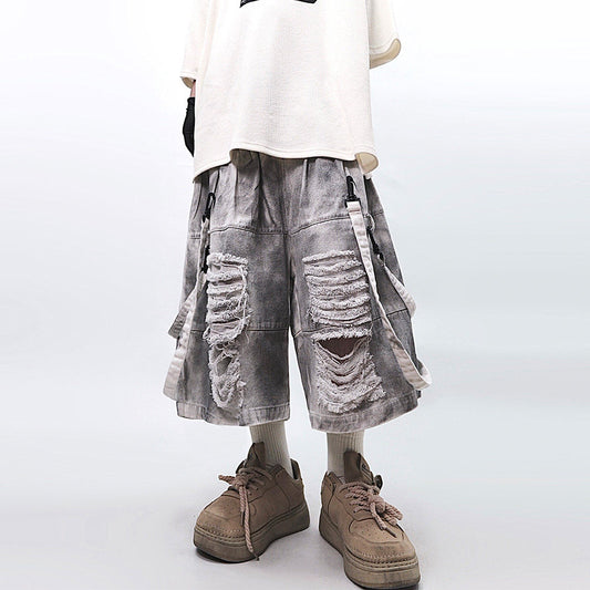 Washed Damage Wide Leg Half Jeans WN23977