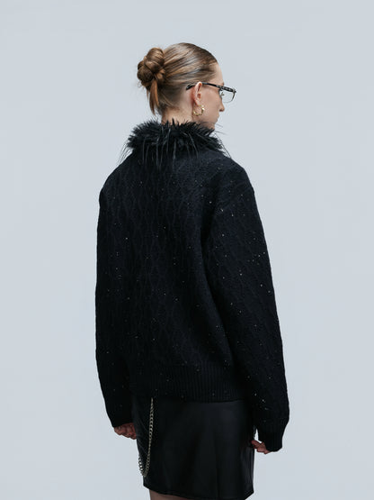 Sequin Fur Collar Cable Knit Cardigan WN21746
