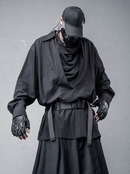 Draped High-Neck Fake Layered Long Sleeve Shirt & Functional Multi-Pocket Waist Bag WN22458