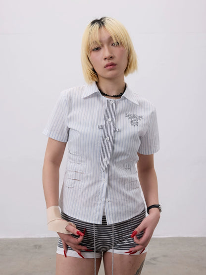 Lace Dagger Patchwork Print Short Sleeve Shirt WN19100