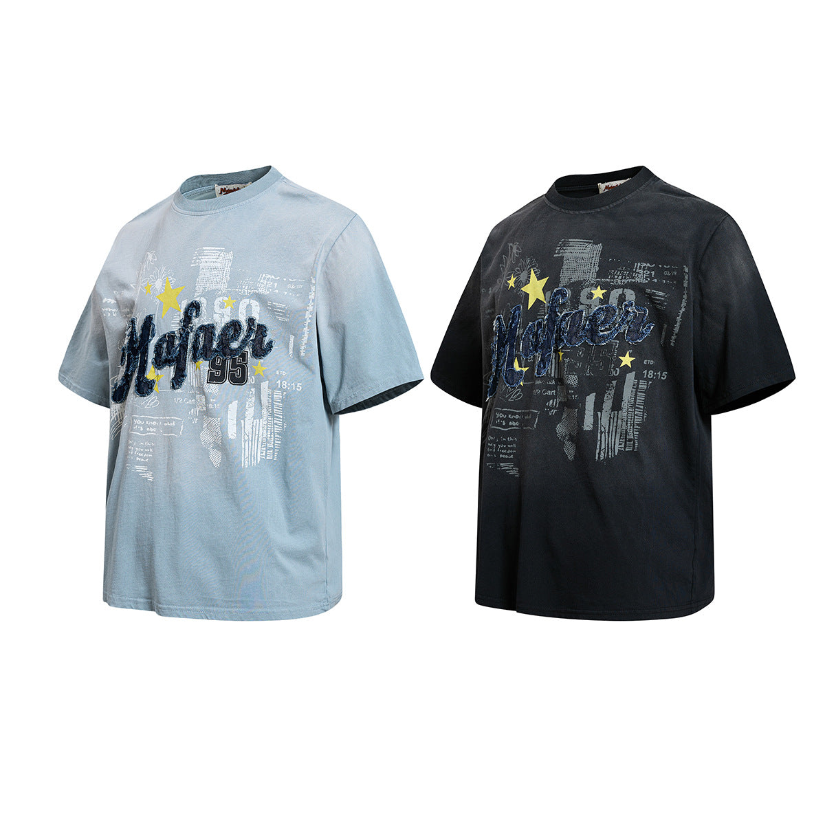 Star Applique Embroidery Washed Short Sleeve T-Shirt WN25651