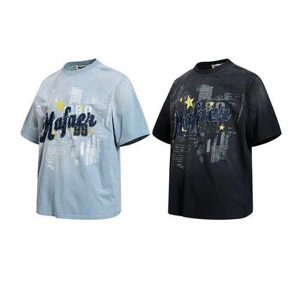 Star Applique Embroidery Washed Short Sleeve T-Shirt WN25651