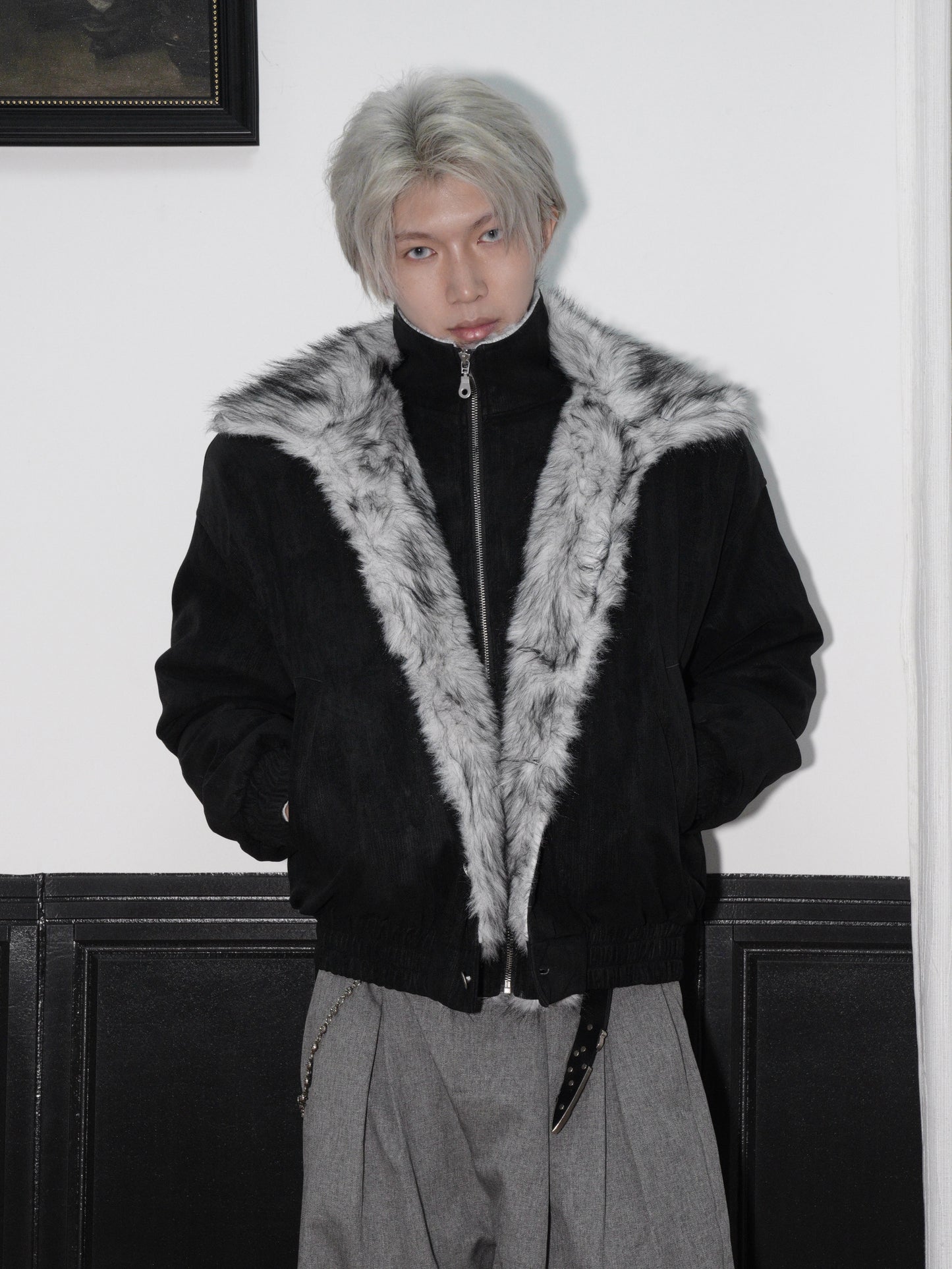 Double-Layer Fake Fur Standing-Collar Short Padded Jacket WN22186