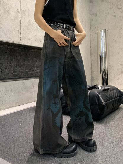 Graphic Art Print Wide Leg Denim Jeans WN19823