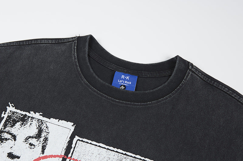 Graphic Print Wash Damage Cotton Short Sleeve T-Shirt WN25645