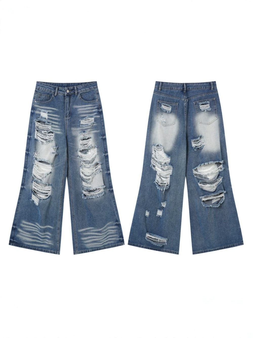 Damage Washed Wide Leg Denim Jeans WN27962