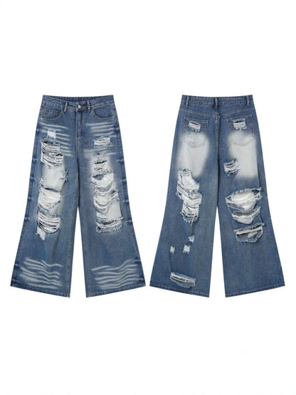 Damage Washed Wide Leg Denim Jeans WN27962