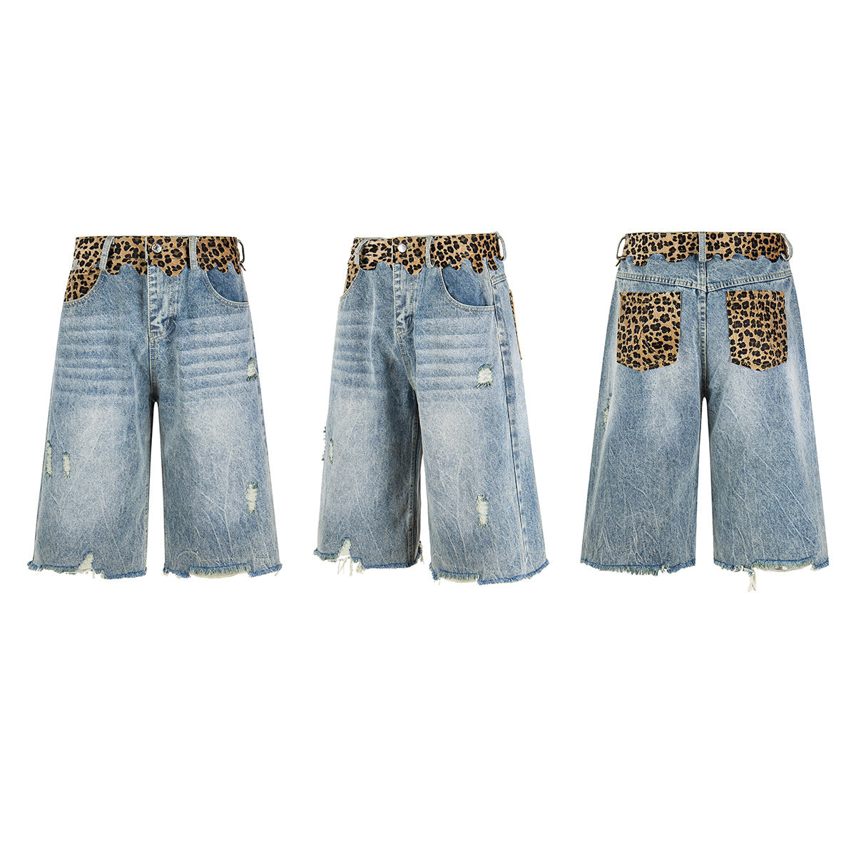 Leopard Print Damage Half Denim Jeans WN25462