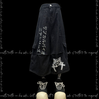 Graphic Letter Print Patchwork Wide Leg Cargo Denim Half Jeans & Belt & Chain WN20128
