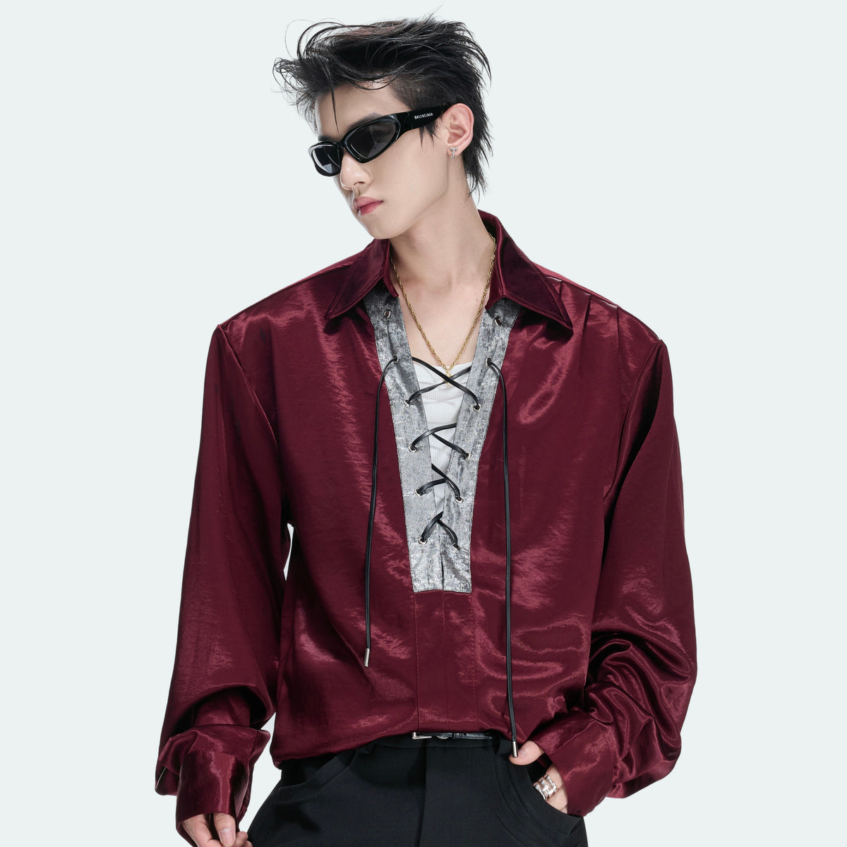 V-Neck Lace-Up Satin Cropped Long Sleeve Shirt WN27038