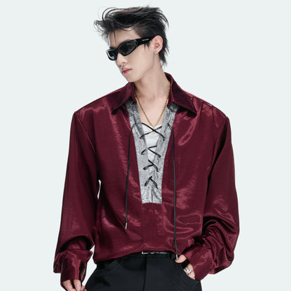 V-Neck Lace-Up Satin Cropped Long Sleeve Shirt WN27038