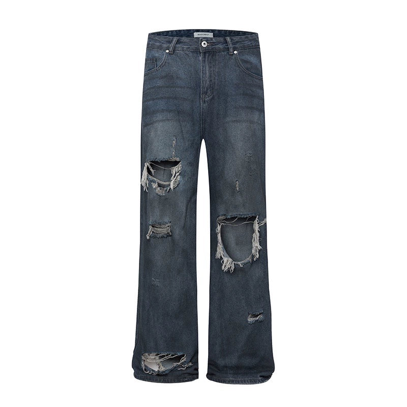 Washed Damage Wide-Leg Straight Denim Jeans WN6949