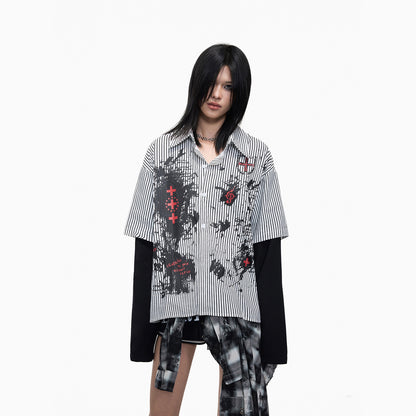 Striped Cross Print Fake Layered Long Sleeve Shirt WN27273