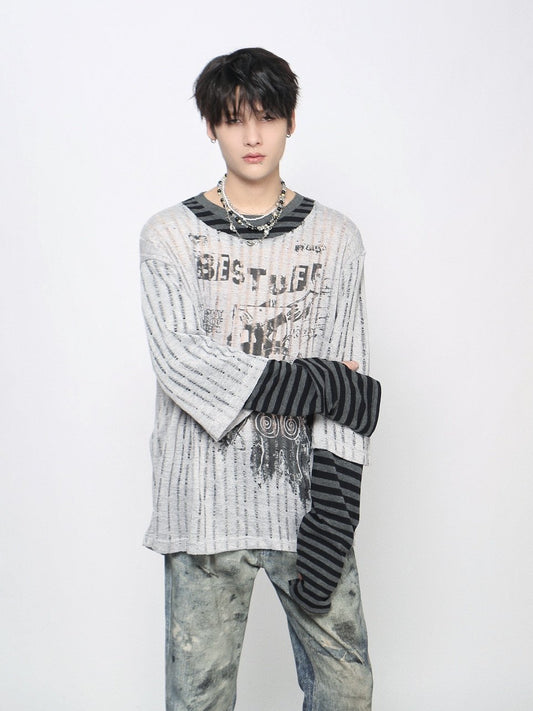 Fake Layered  Stripe Graphic Print Long Sleeve T-Shirt WN24465