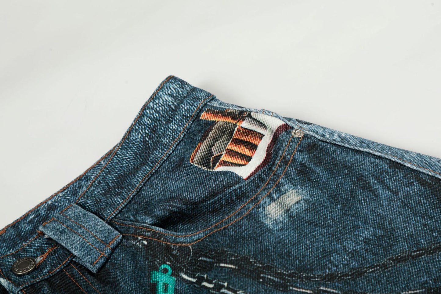 Washed 3D Print Curved Wide Leg Denim Jeans WN25920