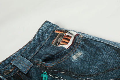 Washed 3D Print Curved Wide Leg Denim Jeans WN25920