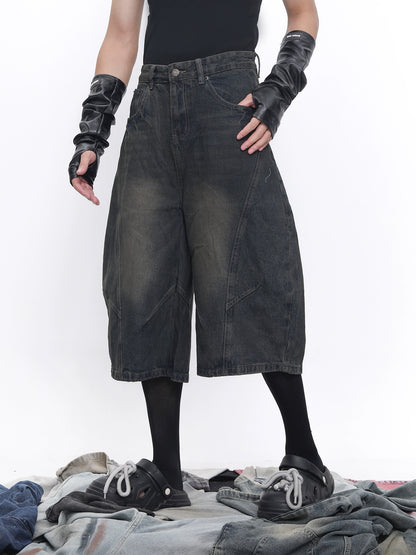 Deconstructed Curved Blade Design Wide Leg Half Denim Jeans WN18657