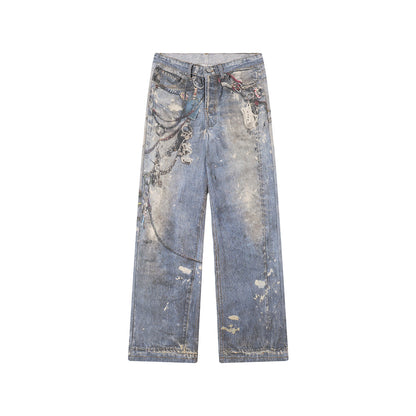 Washed Print Straight Denim Jeans WN12660