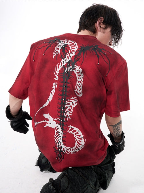 Studs Spine Snake Tie-Dye Shoulder-pad Short Sleeve T-Shirt WN16589