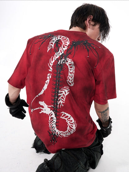 Studs Spine Snake Tie-Dye Shoulder-pad Short Sleeve T-Shirt WN16589