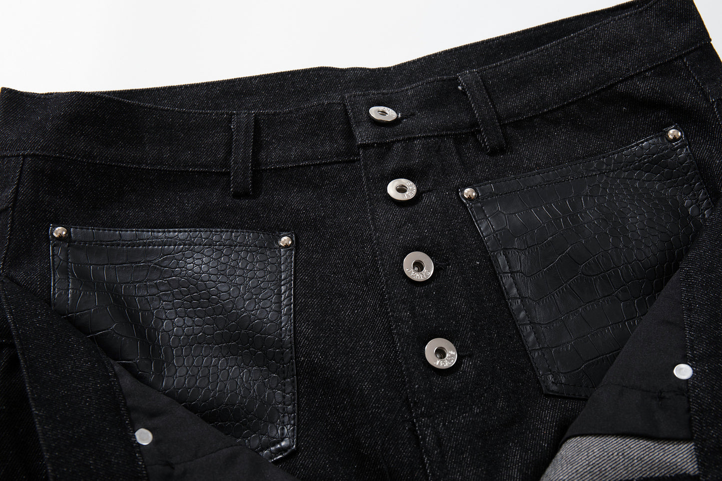 Rivet Leather Patchwork Wide Leg Denim Jeans WN23050