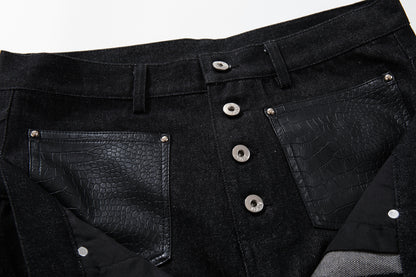 Rivet Leather Patchwork Wide Leg Denim Jeans WN23050