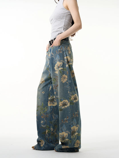 Floral Print Wide-Leg Straight Denim Jeans WN7630