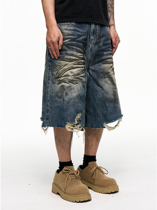 Pleats Washed Damage Wide Leg Denim Short Jeans WN24343