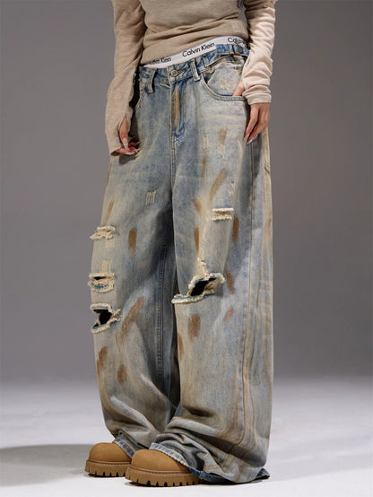 Damage Wide-Leg Straight Denim Jeans WN7262