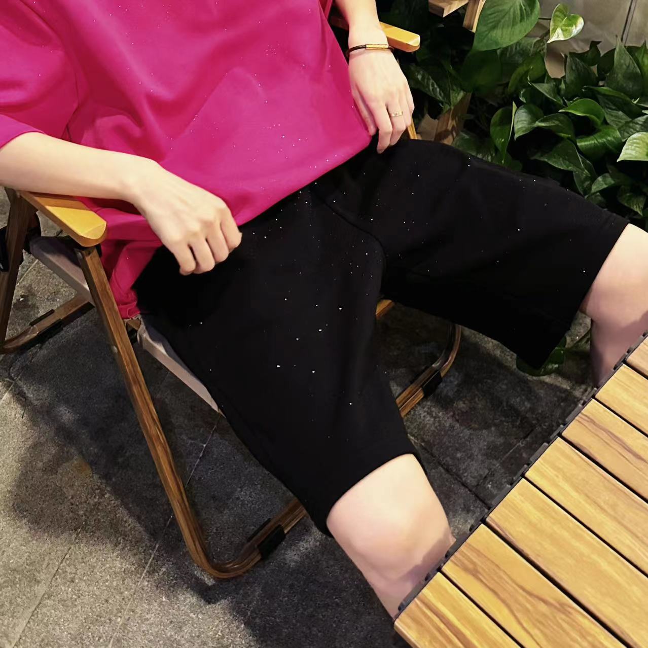 Rhinestone Star Terry Elastic Waist Short Pants WN20703