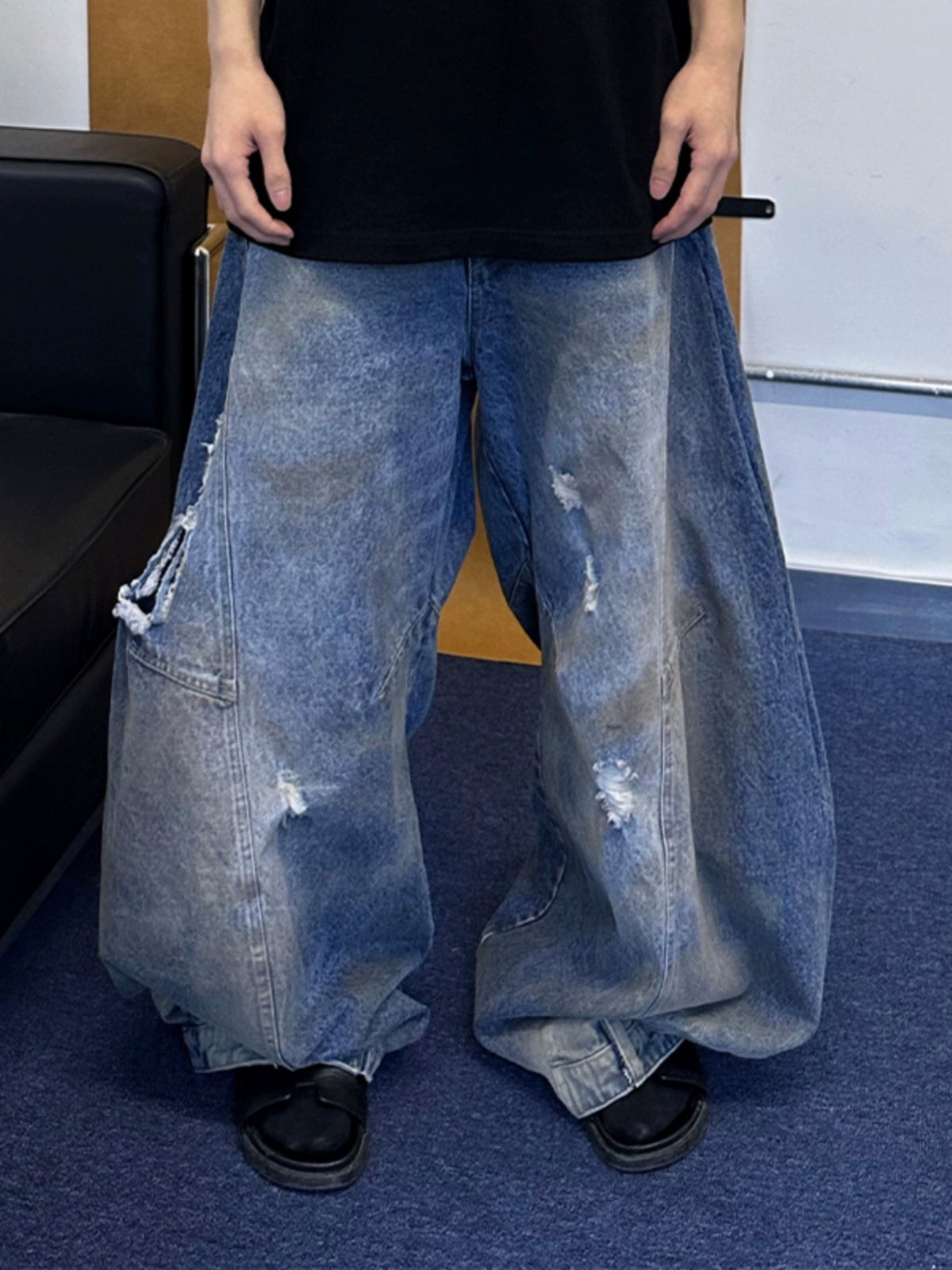 Washed Damage Wide Leg Denim Jeans WN21302